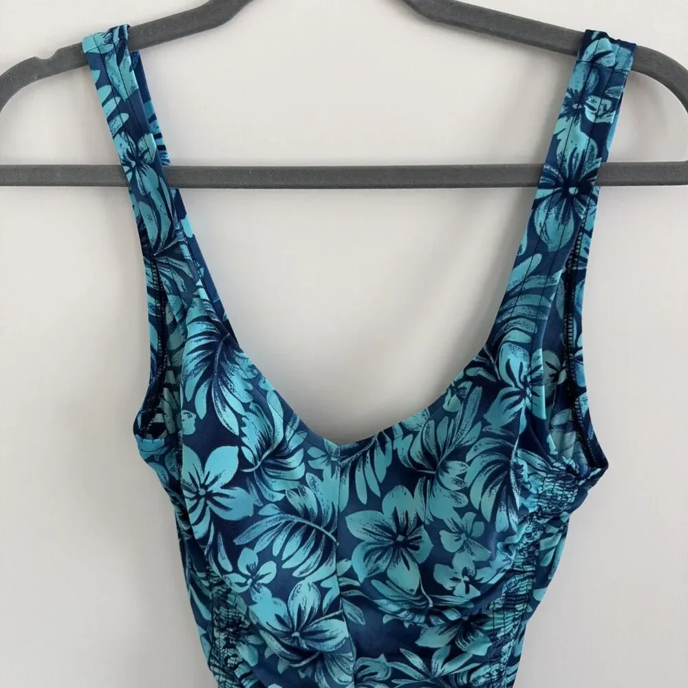Vtg Maxine of Hollywood Sz 12 Blue Floral One Piece Swimsuit Ruched Tropical 90s